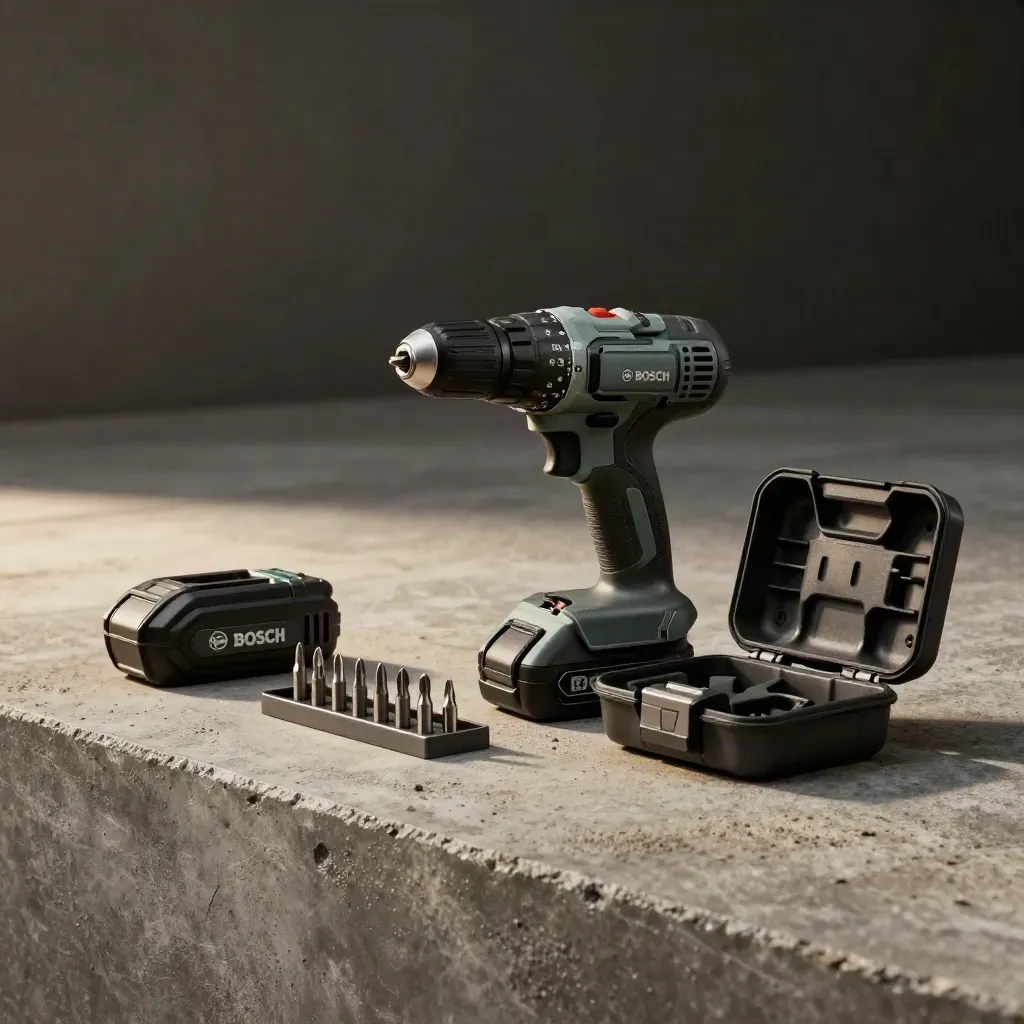 Bosch accuboormachineset met bitjes, accu en laadvoet op beton in een donkere studio.