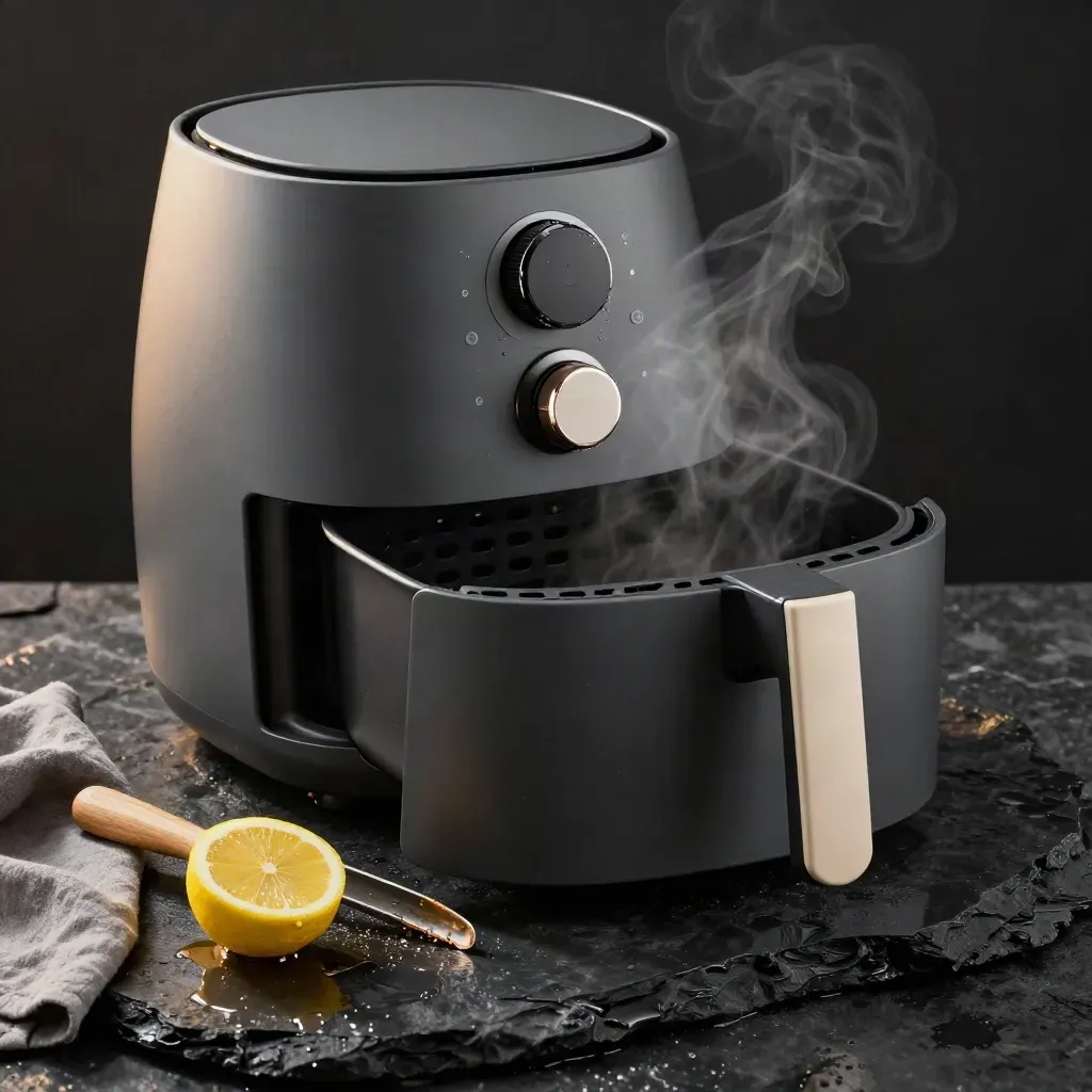 Grafietkleurige airfryer boven nat basalt met stoom, houten tang, doek en halve citroen.