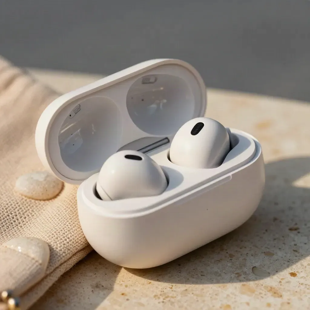 Open oplaadcase met Galaxy Buds FE, stoffen etui en steen in zachte zandtinten