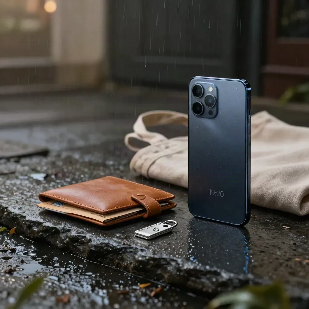 Smartphone met regenmist, leren wallet, kraft sleeve en metalen chip op donkere steen.