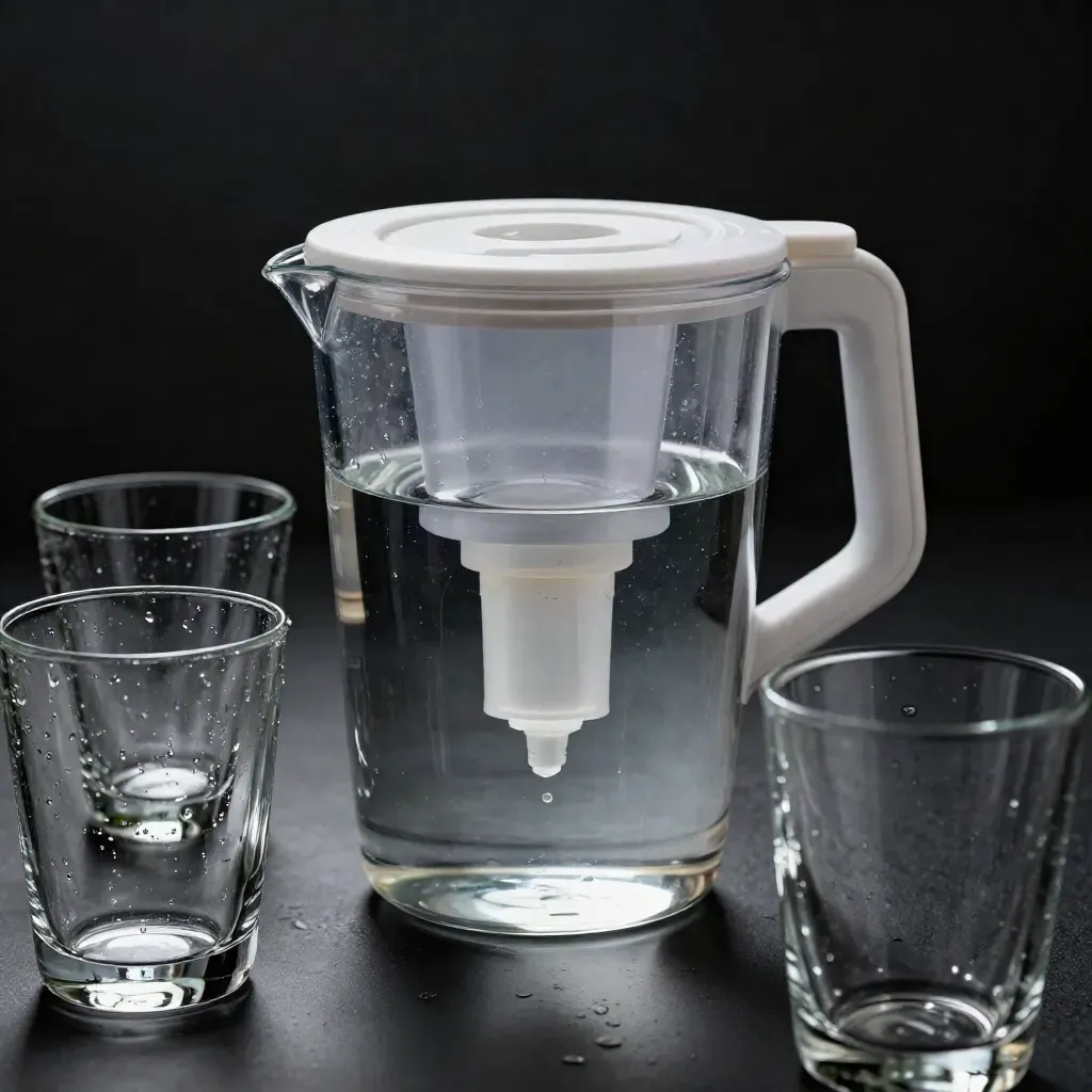 Donkere productfoto van een waterfilterset met karaf, cartridge en twee glazen met condens.