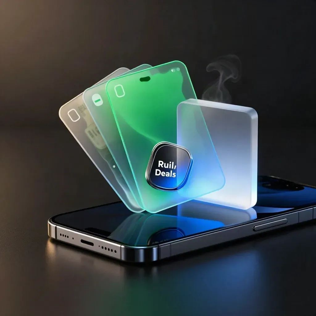 Smartphone, cashback-token en lichtblokken in groen-blauwe dealgloed op zwarte ondergrond.