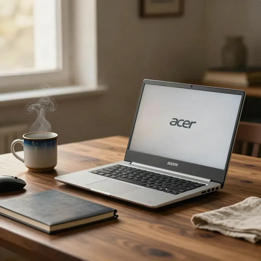 Zilverkleurige laptop met muis, notitieboek en mok bij zacht raamlicht op een houten tafel.