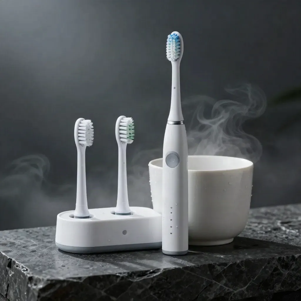 Oral-B tandenborstel met twee opzetborstels, laadvoet en grijze beker in mistig studio-licht