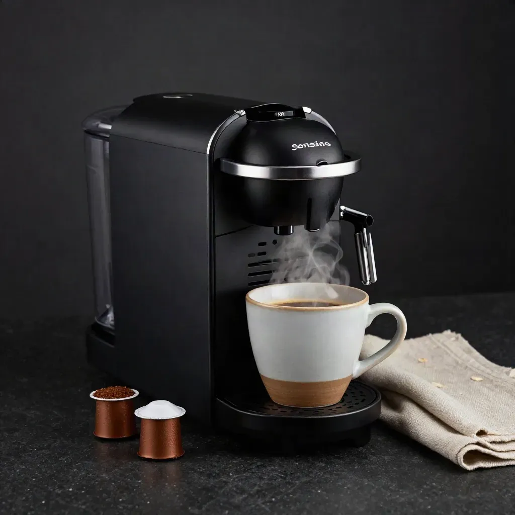 Matzwarte koffiemachine met dampende mok, koffiepads en linnen servet op donkere studio-opstelling.