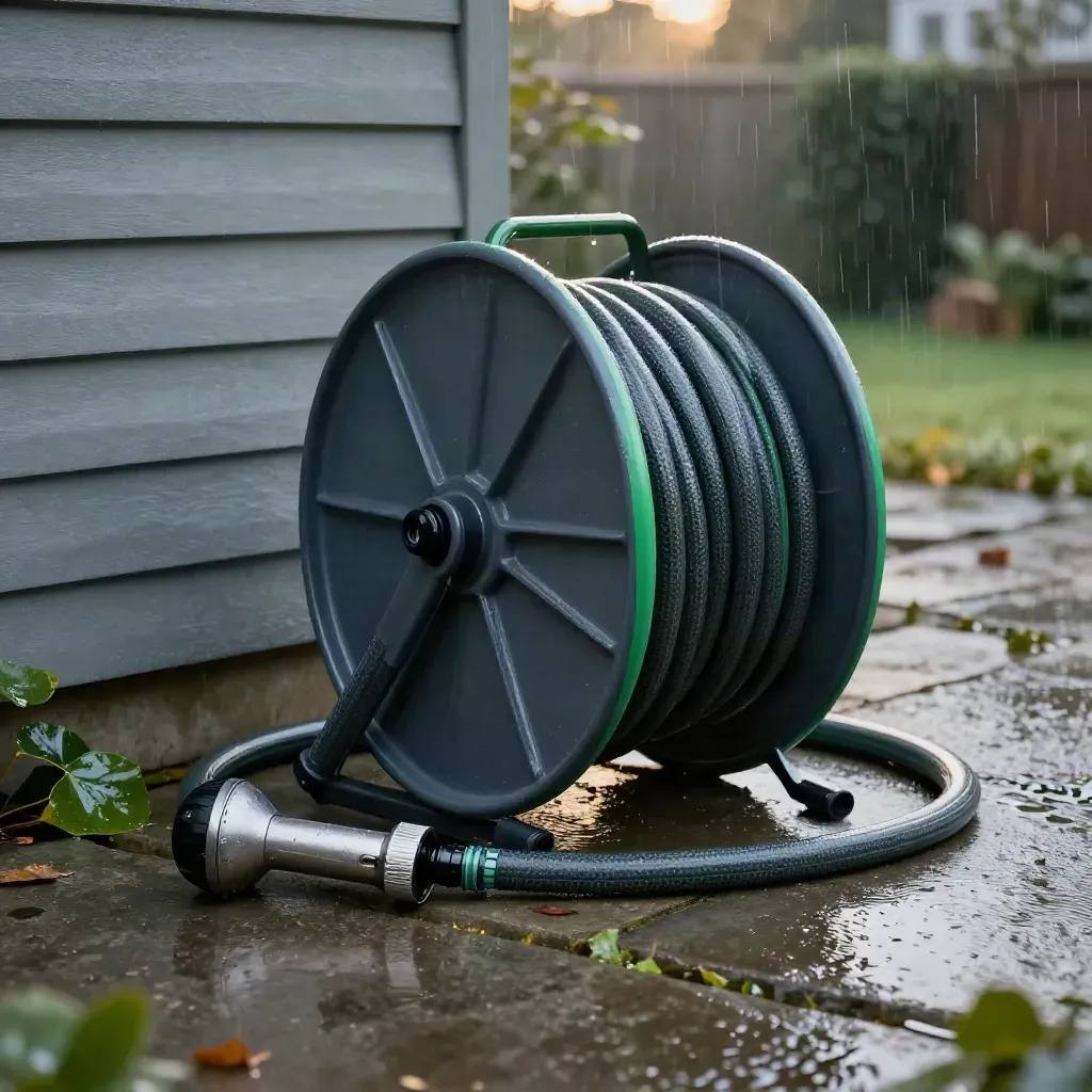 Slangenhaspel met opgerolde slang op natte betonplaten in een sobere tuinopstelling.